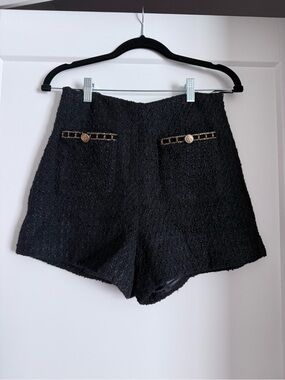 High-Waist Black Bouclé Shorts with Gold-Trim Pocket Detail